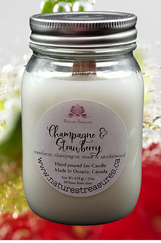 Champagne & Strawberry Soy Wax Candle - Mason Jar 80+Hours